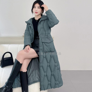 欧路艾米90羽绒服y88512极寒加厚冬女连帽拼编织修身压花长款粉色