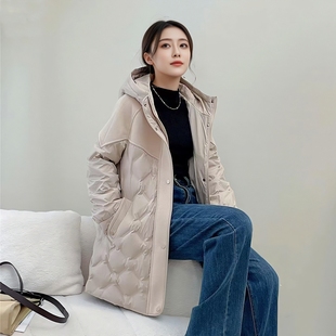 欧路S22181冬款女毛呢拼80羽绒服厚宽松压花中长休闲连帽简约