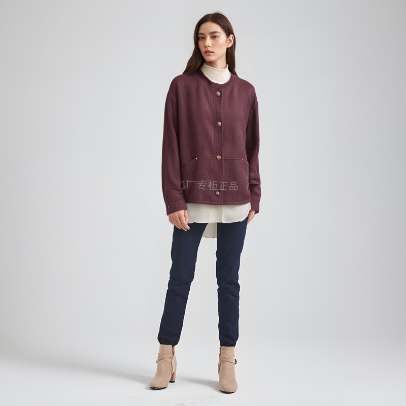 妃萱歌瑞莎G03S656女款秋冬麂皮外套短立领简约时尚通勤酒红卡其