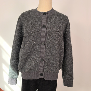 羊毛针织弹力春秋冬加厚亮片毛衫女外套短款宽松半高领灰色落肩