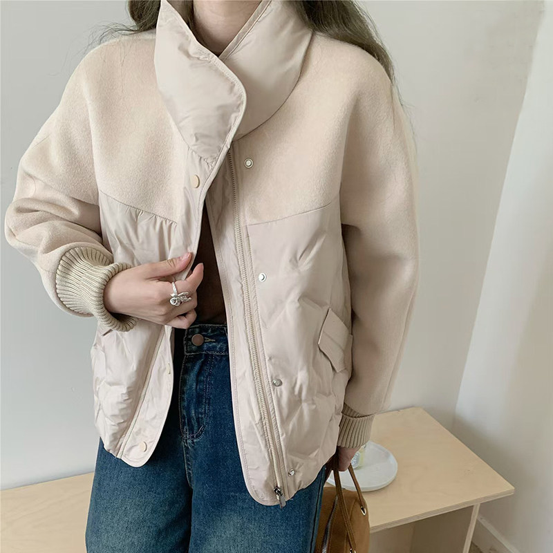 欧路S22191冬款女毛呢拼90羽绒服厚宽松压花短款休闲立领罗纹袖