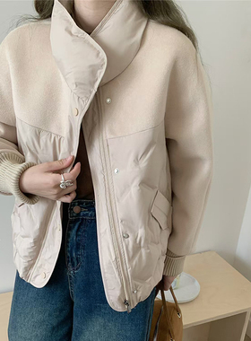 欧路S22191冬款女毛呢拼90羽绒服厚宽松压花短款休闲立领罗纹袖