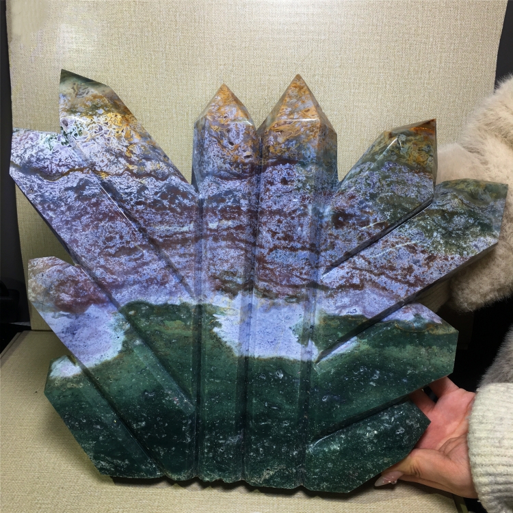 天然海洋碧玉柱子原石打磨多头单尖柱子炫丽花纹造景观赏石大摆件