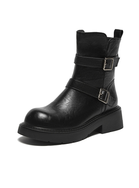 专柜正品百思图2024冬款女潮流绑带马丁短靴圆头粗跟皮靴M5209DD4