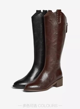 专柜正品百思图2025冬季新款女靴V口骑士靴显瘦加绒长靴F3018DG5