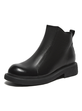 专柜正品百思图2024冬款女休闲圆头粗跟羊皮拉链及踝短靴C3107DD4