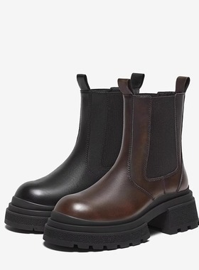 专柜正品百思图2024冬款女靴牛皮厚底烟筒靴粗跟切尔西靴C2104DZ4