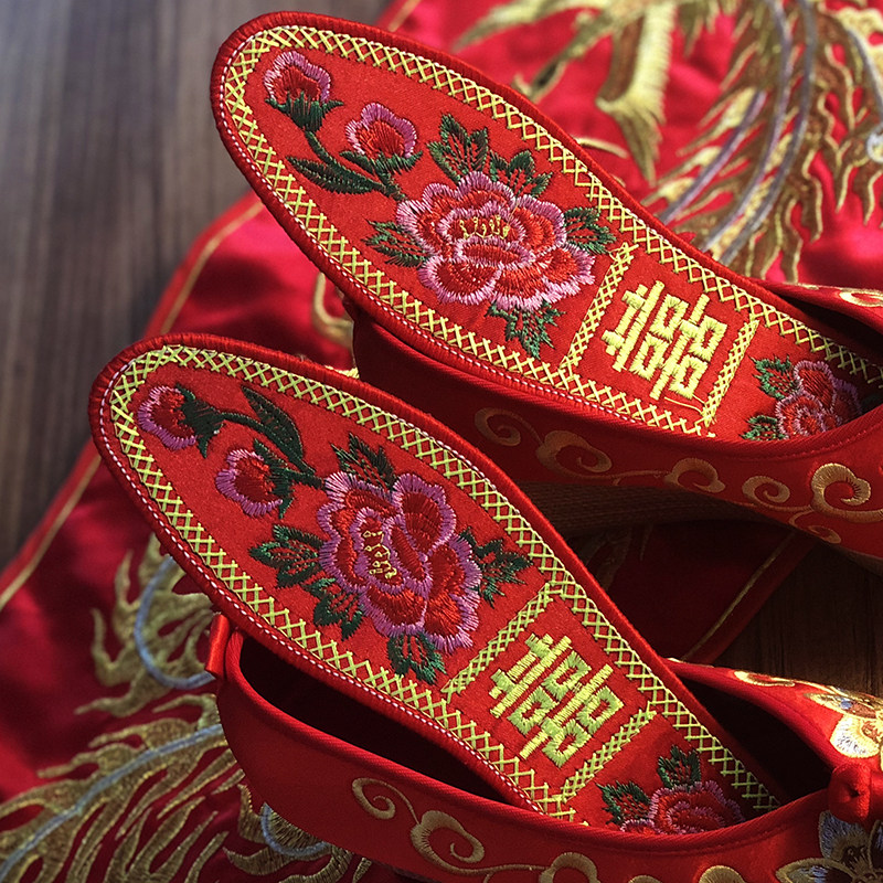 双喜牡丹绣花鞋垫新娘结婚鞋垫秀禾新郎鞋垫红色绣花鞋垫
