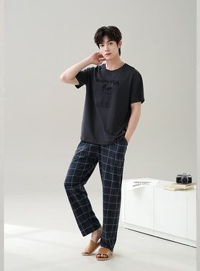 雅巧22612夏季男士短袖长裤卡通丝光纯棉家居服套装