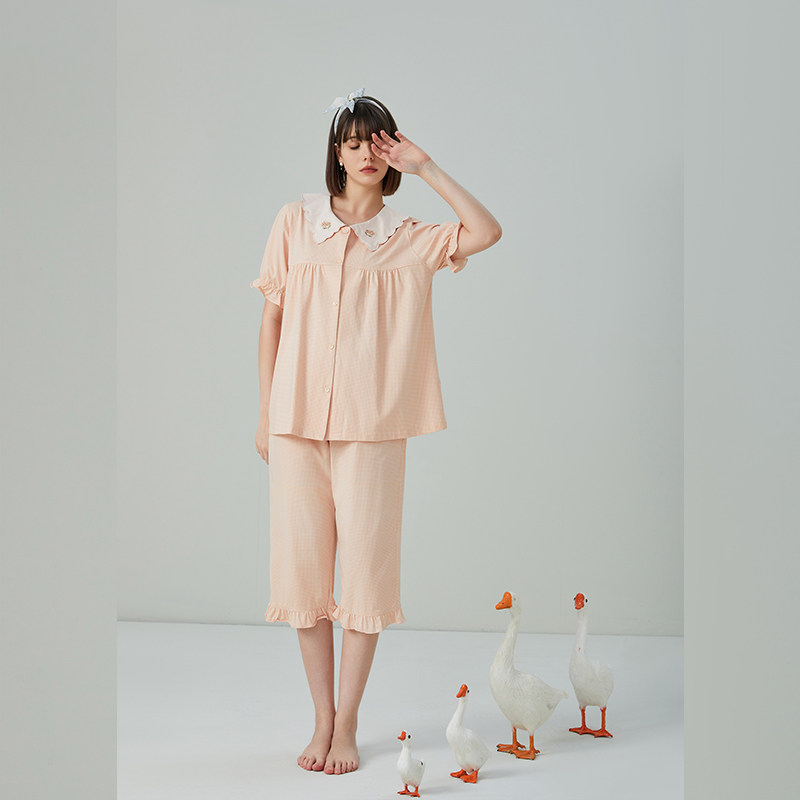 佳洁儿21628夏季女士短袖中裤丝光纯棉千岛格家居服套装