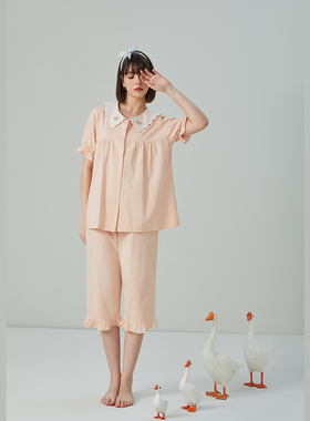 佳洁儿21628夏季女士短袖中裤丝光纯棉千岛格家居服套装