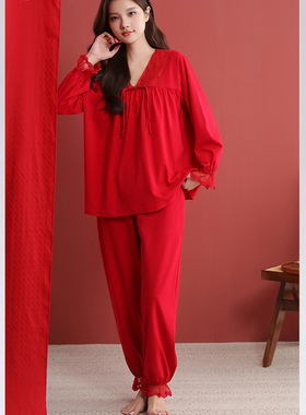 雅巧54811秋季女士纯色花边国风结婚本命年丝光纯棉提花拉架套装