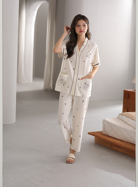 雅巧22462夏季女士短袖长裤印爱心棉+莫代尔家居服套装