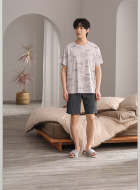 雅巧22423夏季男士短袖中裤印花棉+莫代尔家居服套装