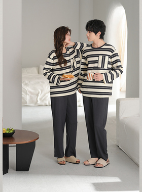 雅巧男54935女54936春季情侣款大条纹丝光纯棉家居服套装