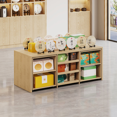 实木茶叶店展示台带轮陈列柜