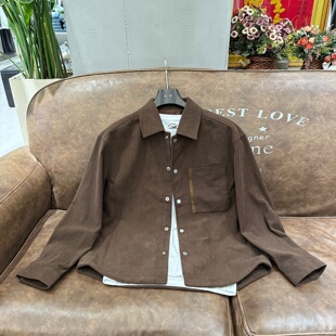 复古风灯芯绒翻领衬衫男韩版修身休闲长袖衬衣外套