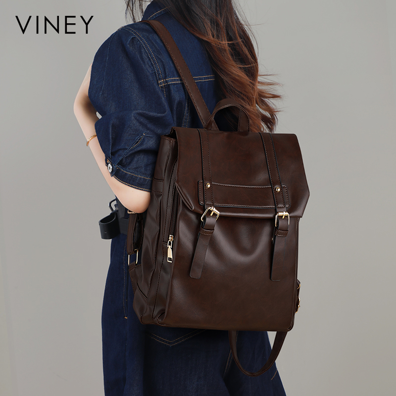 Viney双肩包女生书包软皮初中高中生大学生大容量上班电脑包背包