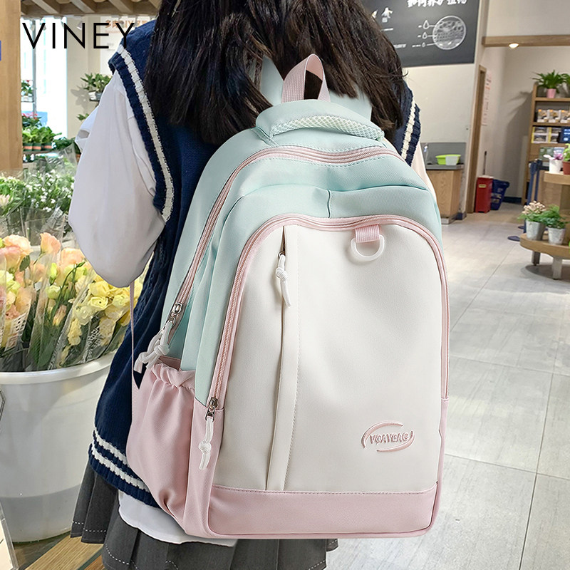 Viney书包女2025新款高颜值双肩包大容量撞色初高中学生轻便背包