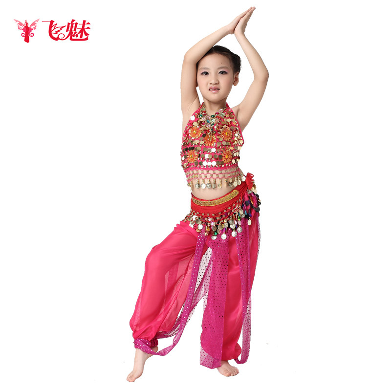 飞魅 儿童肚皮舞三件套 五朵花上衣+铜锣片灯笼裤+128币绒布腰链