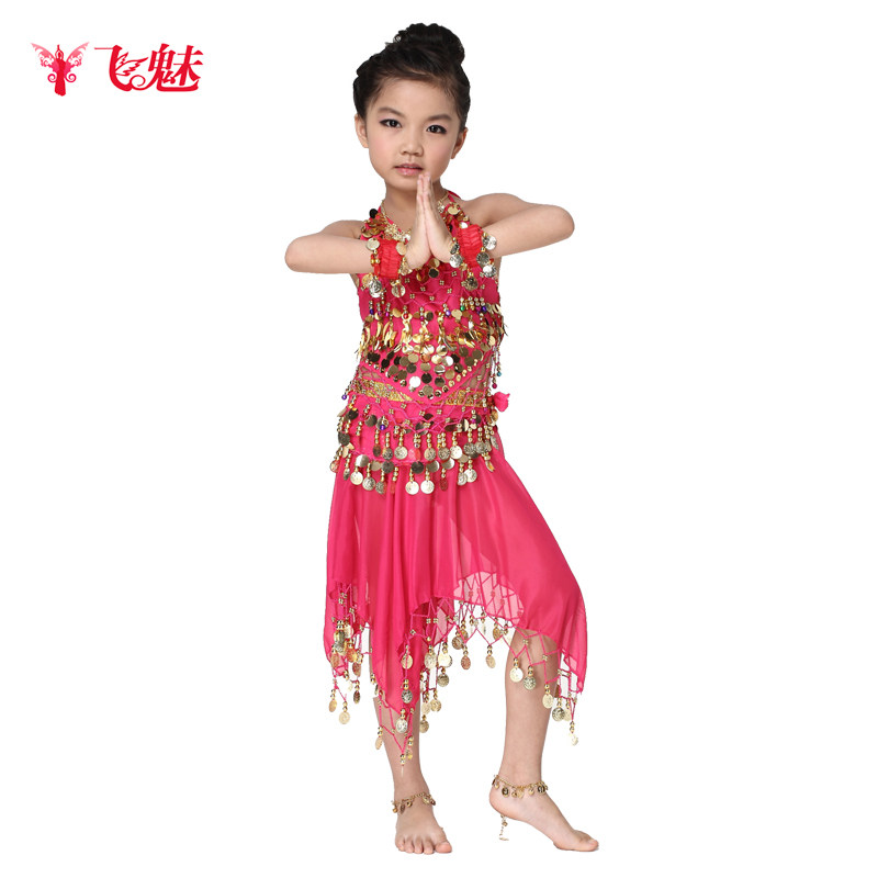 飞魅 六一儿童肚皮舞三件套 小辣椒上衣+雪纺吊币短裙+铜锣片腰链