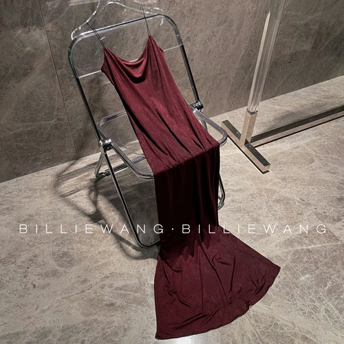 BW独立设计师典藏系列｜波尔多红｜巨显白性感极细肩带吊带连衣裙