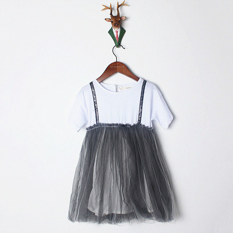 小猪班尼童装夏装新款短袖亮片连衣裙公主裙拼接蕾丝裙白灰色