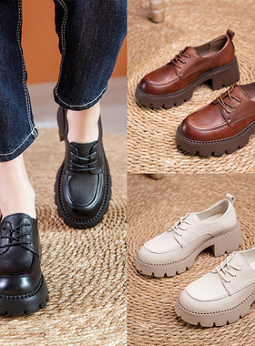 匠逸真皮头层牛皮小皮鞋女英伦风2022春季新款厚底乐福鞋女橡胶发