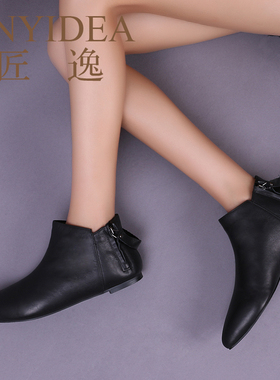 骑士女靴平底踝女尖头新款平靴及及裸靴跟秋冬真皮匠逸定制舒适