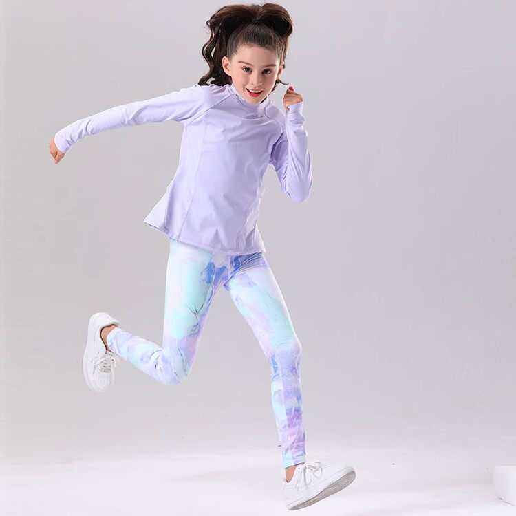 秋冬女孩儿童保暖加绒瑜伽服长裤长袖运动套装健身多巴胺彩色印花