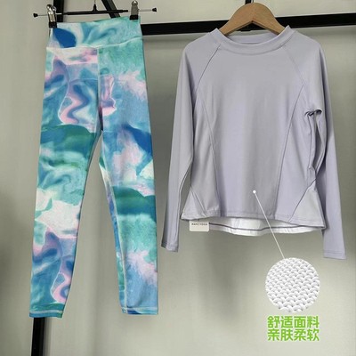 秋冬女孩儿童瑜伽服运动衣套装印花紧身长裤速干长袖健身打球跑步
