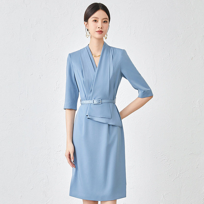 艾尚臣天蓝色中袖职业装连衣裙女美业经理白领办公室上班族工作服