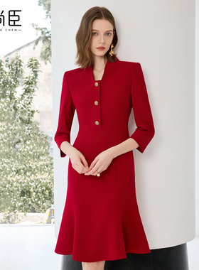 艾尚臣红色连衣裙女年会正装主持人美容院老板娘经理美容师工作服