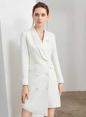 时尚西装领韩式整形纹绣师工作服白色职业连衣裙女秋冬长袖双排扣