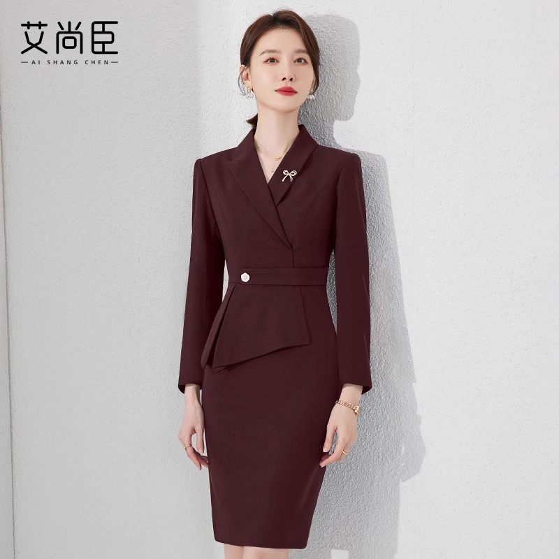 艾尚臣高端安可拉红职业装连衣裙女主持人长袖通勤珠宝店销售工装
