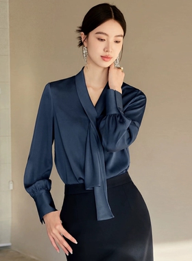 艾尚臣长袖衬衫女夏办公室白领系带领正装宽松衬衣百搭上衣职业装