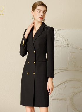 黑色职业装西装领主持人司仪长袖贴钻正装裙连衣裙美容院店长工装