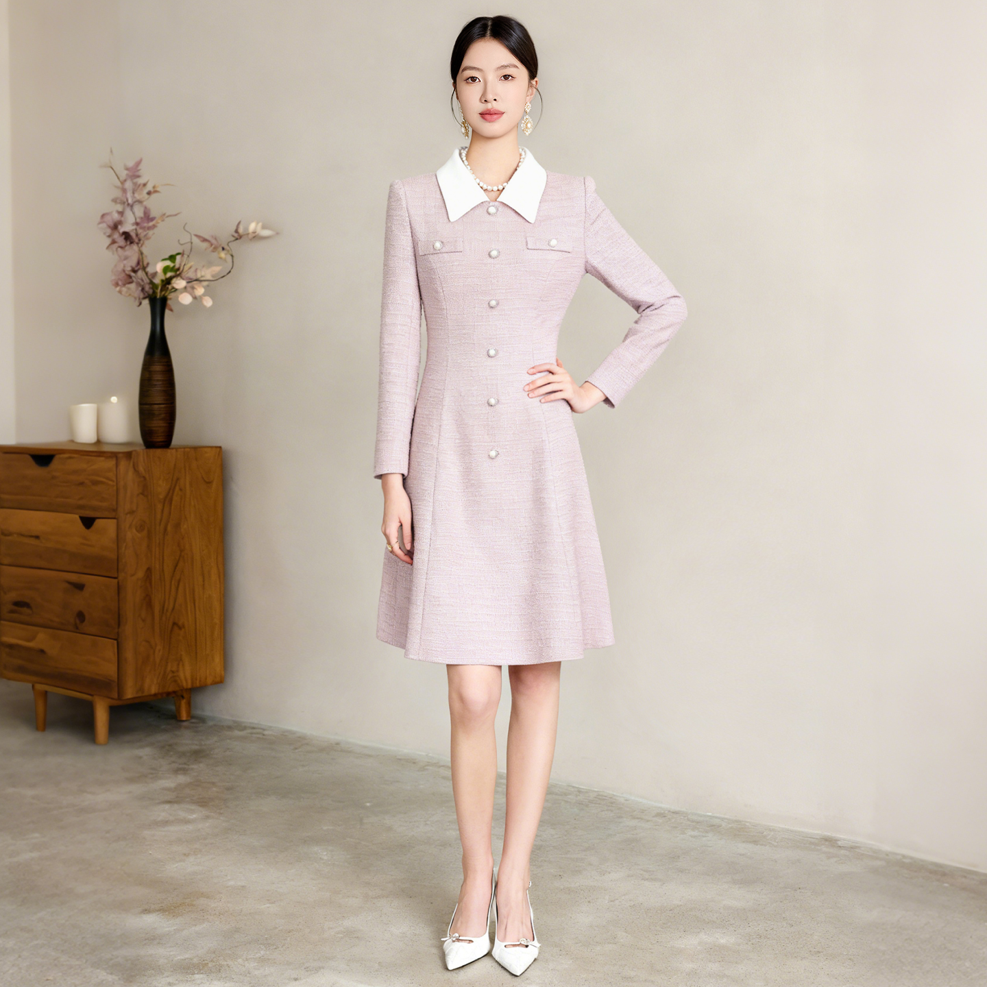 艾尚臣富家千金连衣裙女秋通勤美容院前台接待礼仪播音主持工作服