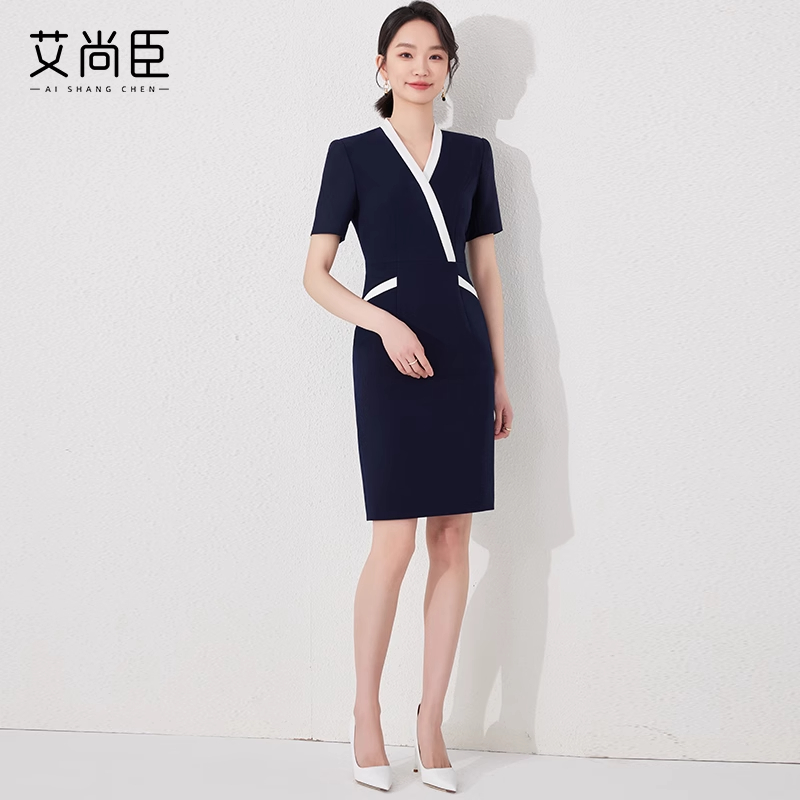 艾尚臣职业连衣裙女夏款瑜伽馆老师会所前台美容师咨询顾问工作服