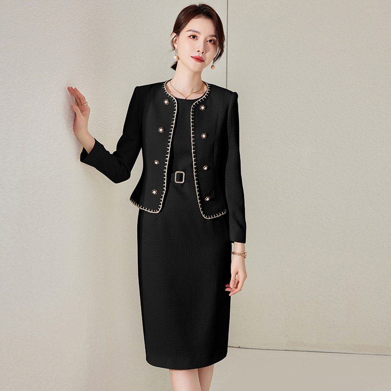 艾尚臣套装裙女春季爱尚臣主持人经理黑色小香风两件套西装连衣裙