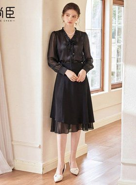 艾尚臣黑色衬衫雪纺衬衣套装女灯笼袖花边领办公室白领前台职业装