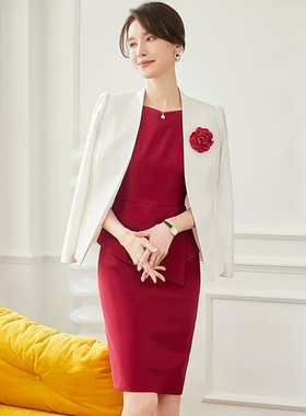 职业套装女连衣裙工作服秋冬艾尚臣西装会议美容院店长爱尚臣红色