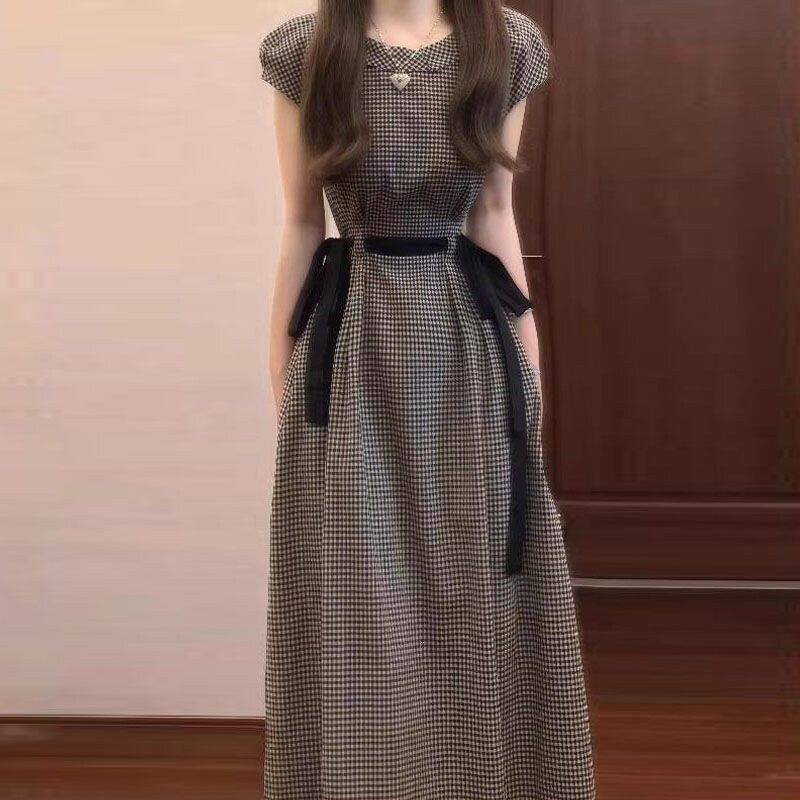 法式格纹系带收腰显瘦大码女士连衣裙夏季胖mm短袖设计感桔梗裙子