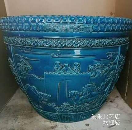 仿古做旧雕刻蓝色大号鱼缸陶瓷锦鲤荷花卷轴书画缸风水摆设空城计