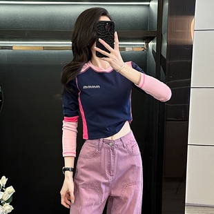 显瘦打底衫 撞色紧身短款 上衣潮 正肩辣妹修身 新款 长袖 t恤女春秋季