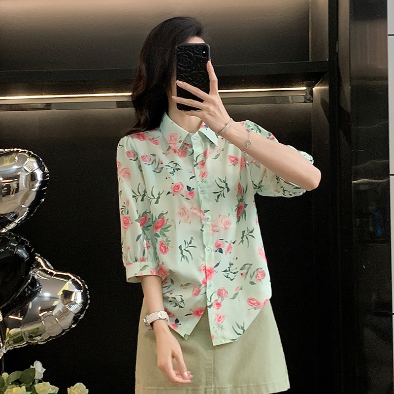 花色系POIO领七分袖衬衫女春秋季新款时尚清新宽松显瘦衬衣上衣潮