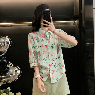 新款 花色系POIO领七分袖 衬衫 女春秋季 清新宽松显瘦衬衣上衣潮 时尚