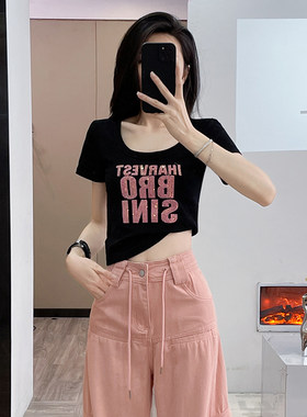 U领刺绣亮片紧身短款t恤女短袖