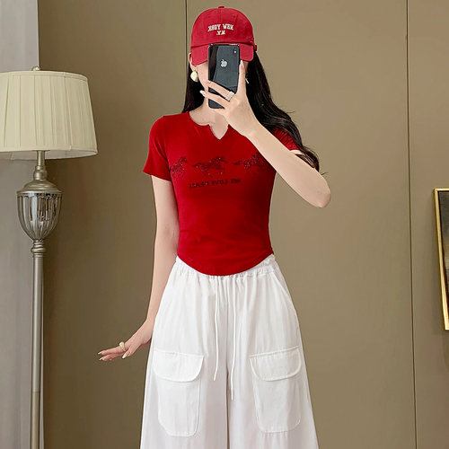 烫钻紧身短款T恤女短袖夏季