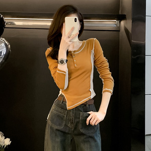 撞色开叉紧身短款长袖t恤女秋季不规则修身显瘦辣妹打底衫上衣潮